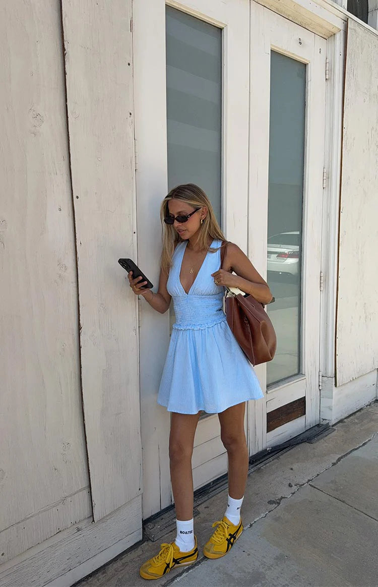 struttin mini dress Juna Light Blue Stripe Shirred Mini Dress