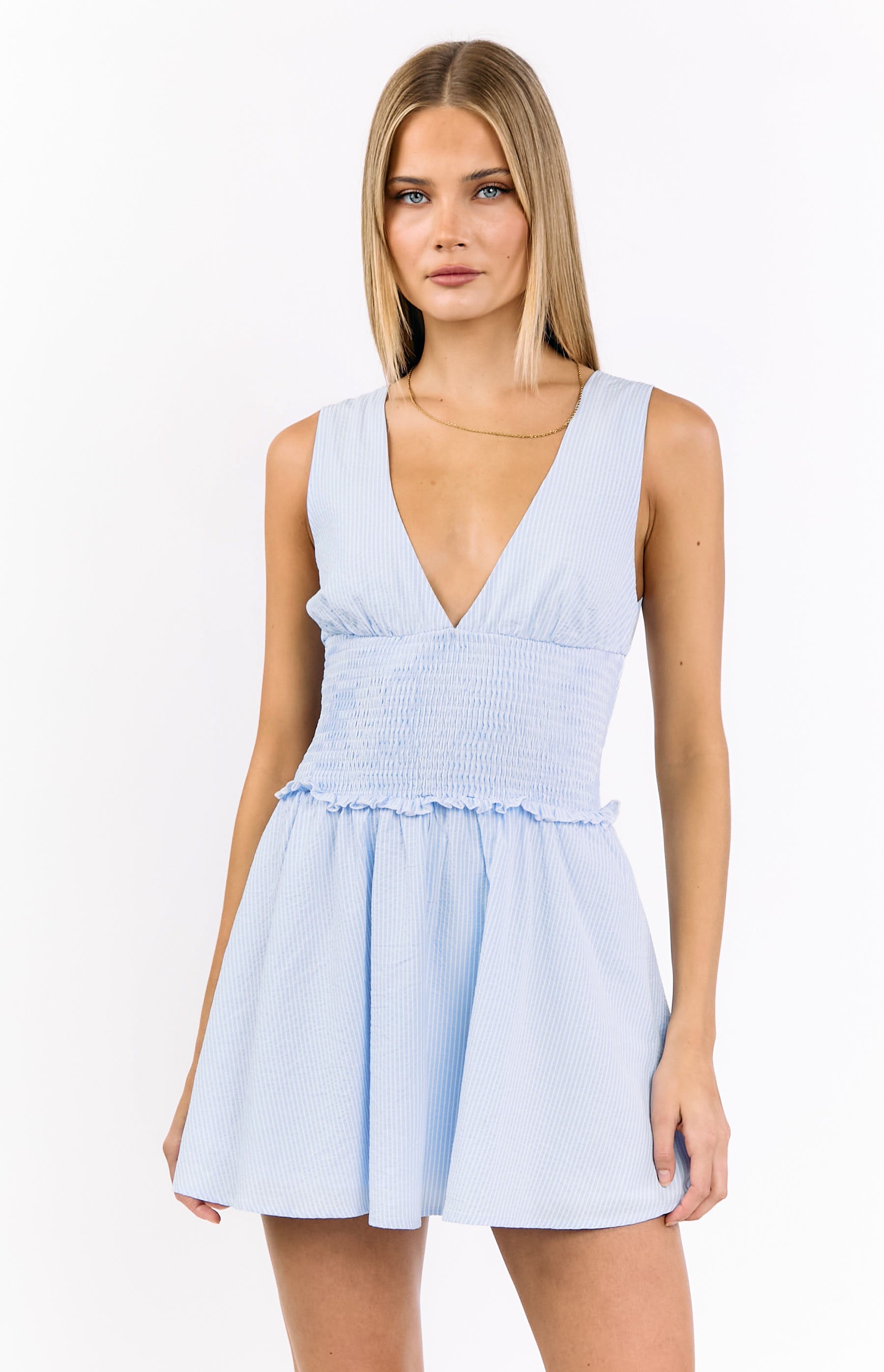 Juna Light Blue Stripe Shirred Mini Dress Image