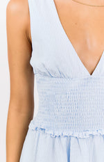 Juna Light Blue Stripe Shirred Mini Dress Image