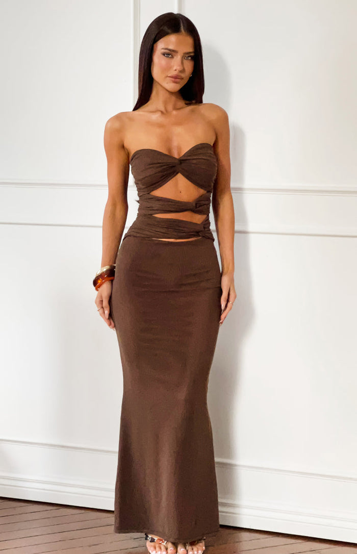 Junipa Chocolate Brown Strapless Cutout Maxi Dress - US 4