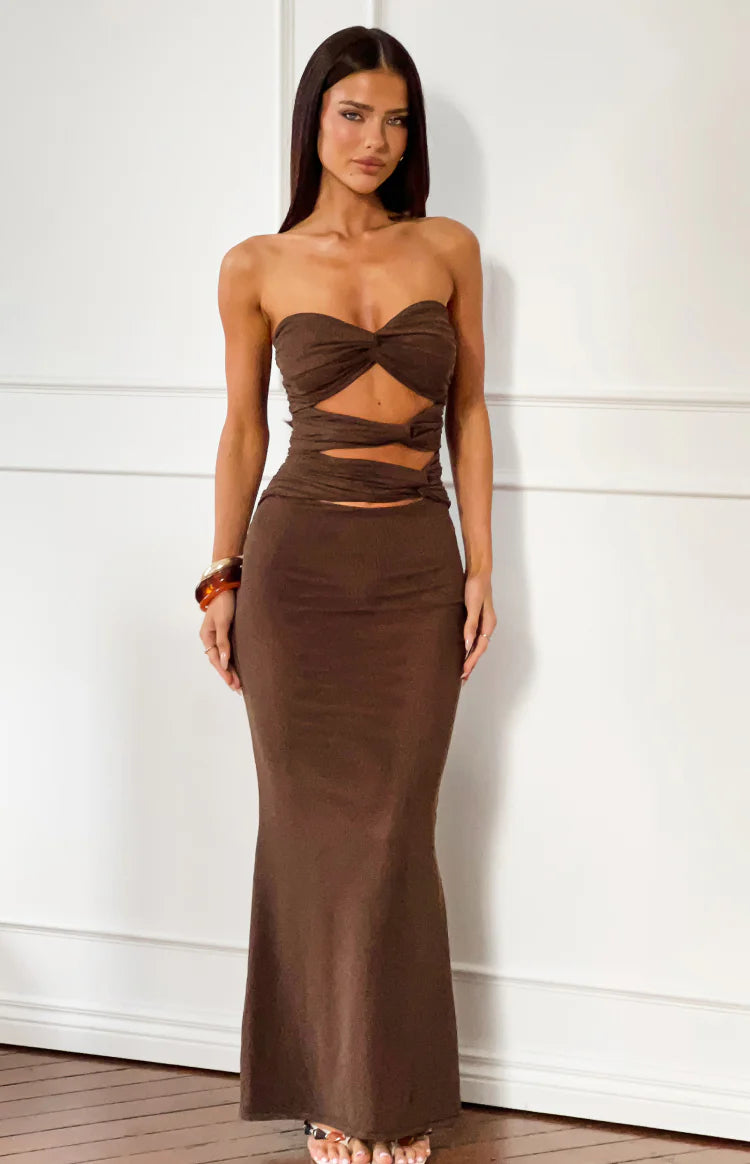 Junipa Chocolate Brown Strapless Cutout Maxi Dress | Beginning Boutique US Junipa Chocolate Brown Strapless Cutout Maxi Dress | Beginning Boutique US
