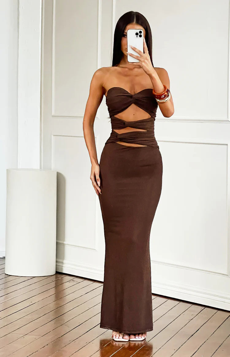 Junipa Chocolate Brown Strapless Cutout Maxi Dress Junipa Chocolate Brown Strapless Cutout Maxi Dress