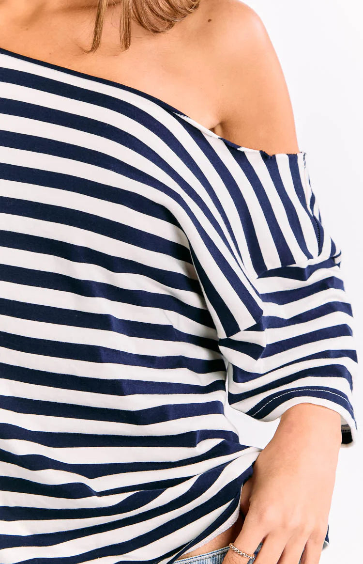 Kaiser Navy Stripe Off Shoulder Oversized Top | Beginning Boutique US