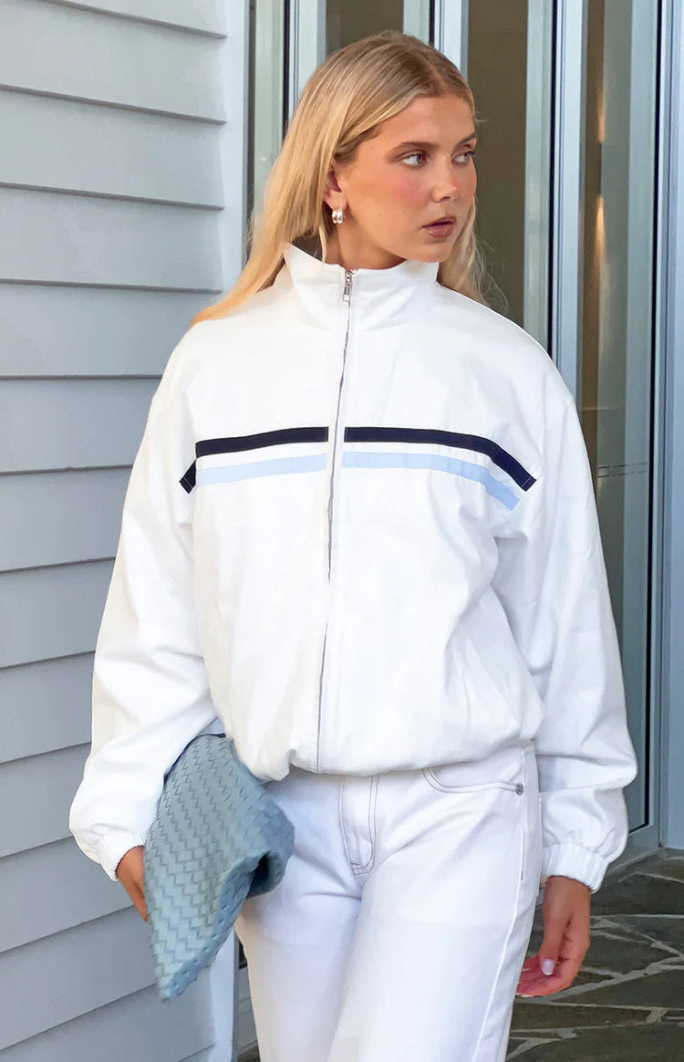 Beginning Boutique Kalana Cream Contrast Stripe Funnel Neck Jacket cream jacket with light blue and navy stripes, full zip