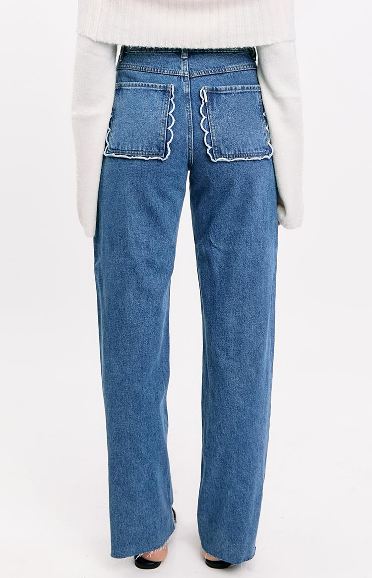 Kansis Mid Wash Scallop Pockets Uneven Waist Jeans Image