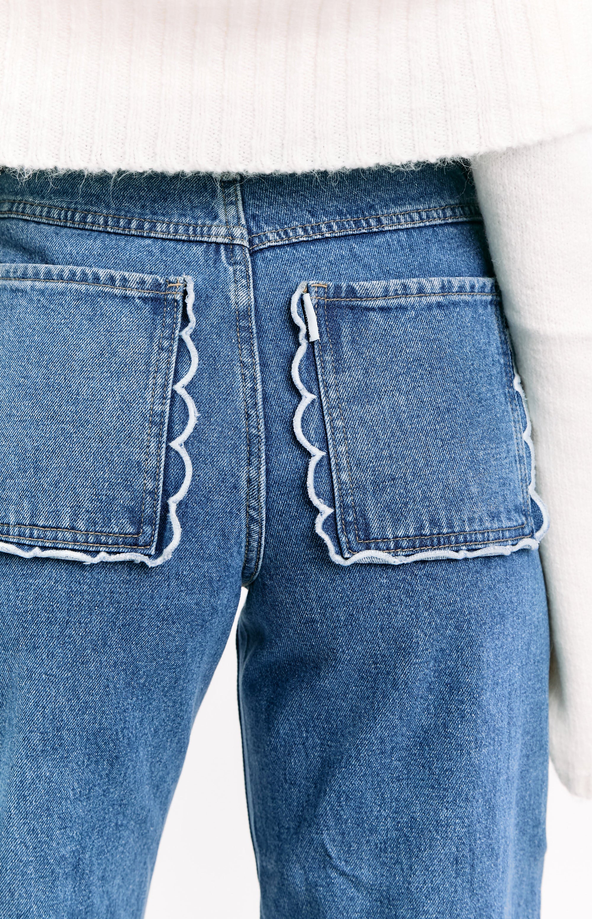 Kansis Mid Wash Scallop Pockets Uneven Waist Jeans Image