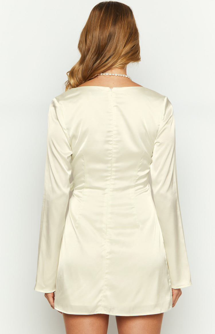 Kasya Cream Satin Long Sleeve Mini Dress - US 6 | Beginning Boutique Exclusive Kasya Cream Satin Long Sleeve Mini Dress - US 6 | Beginning Boutique Exclusive