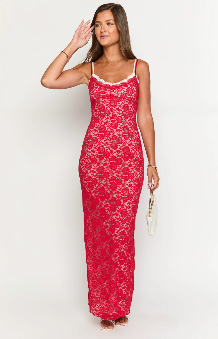 Kata Red Lace Maxi Dress - US 4 | Beginning Boutique Exclusive Kata Red Lace Maxi Dress - US 4 | Beginning Boutique Exclusive