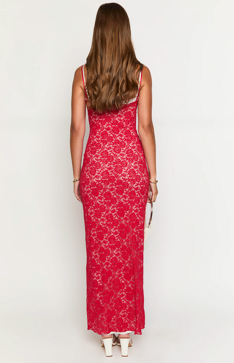 red lace maxi dress Kata Red Lace Maxi Dress - US 4