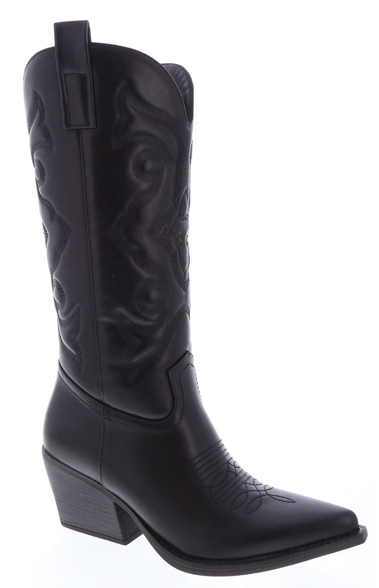 Our black cowboy boot with a pointed toe and a slanted block heel. The leather shaft is decorated with classic western-style embroidered or embossed swirl designs and the vamp features stitched detailing.