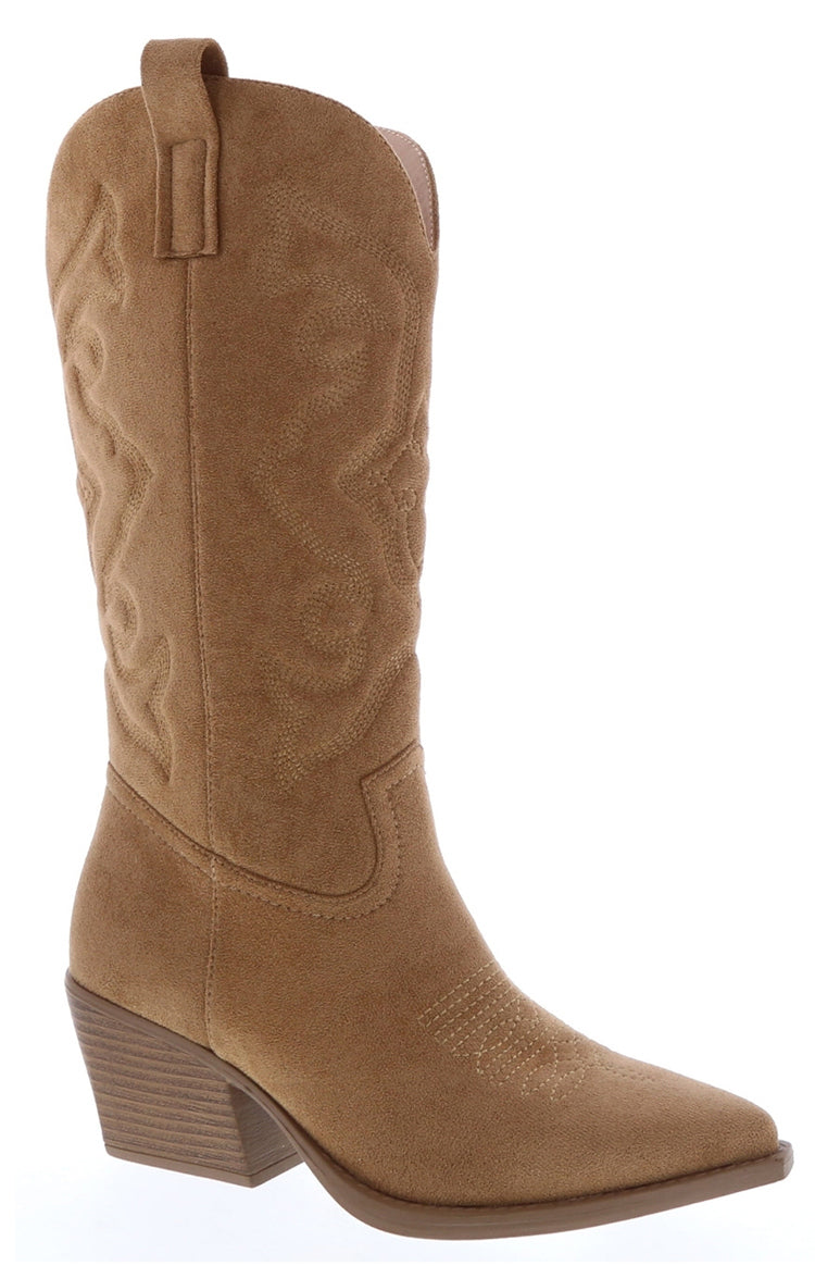 Our tall camel-colored suede cowboy boot with a pointed toe and a slanted block heel. The boot shaft and vamp feature tonal embroidered western-style swirl and stitch detailing.