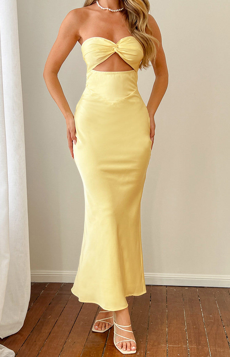 Kenna Yellow Satin Strapless Maxi Dress Image