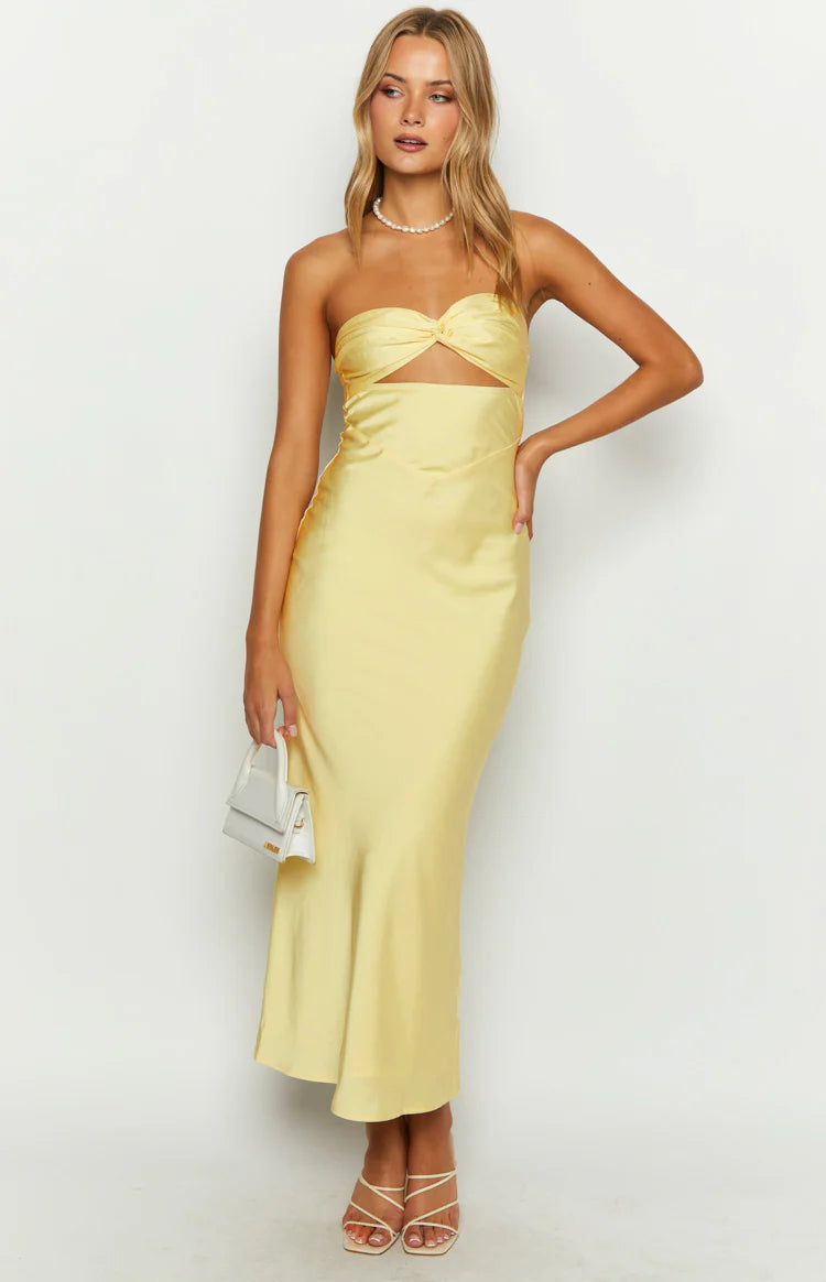 Kenna Yellow Satin Strapless Maxi Dress - US 12