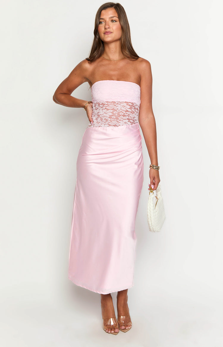 Pink strapless maxi dress featuring a sheer floral lace midriff panel and a flowing satin skirt