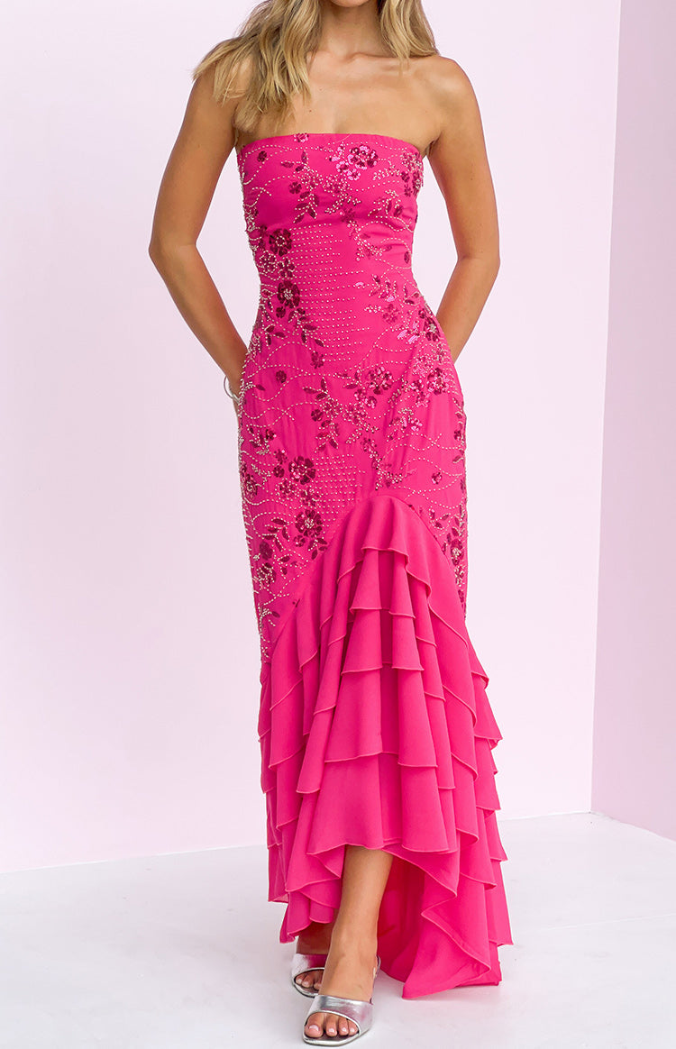 beaded pink maxi dress Khai Ruffle Scarf V neck