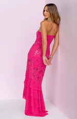 Khai Pink Ruffle Maxi Scarf Beaded Dress