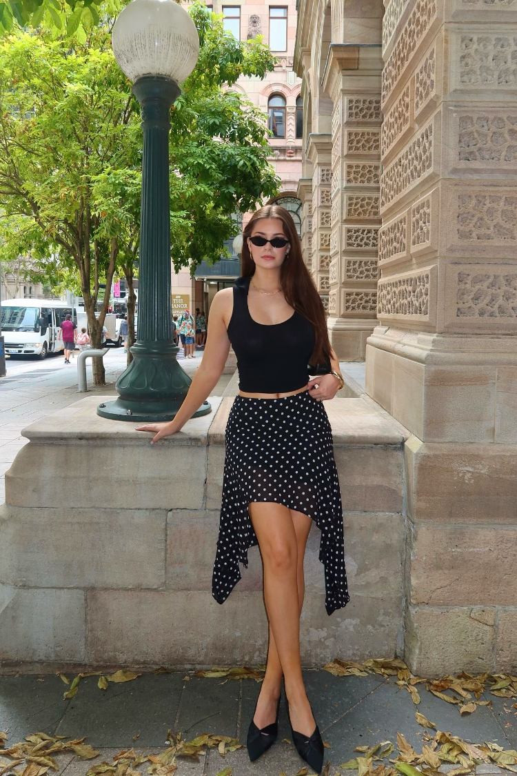 Khalea Black Polka Dot Hanky Hem Midi Skirt
