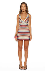 Front view of a beige multi-stripe mini dress with a deep V-neckline and wrap-style bodice