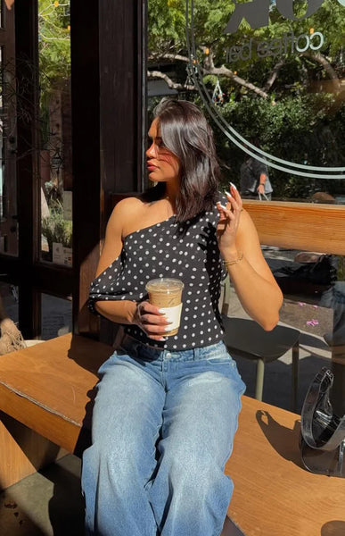 Khamie Black Polka Dot Off Shoulder Top | Beginning Boutique US