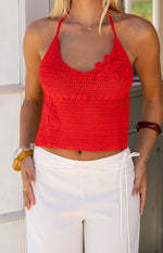Kiki Red Crochet Flower Halter Top Image