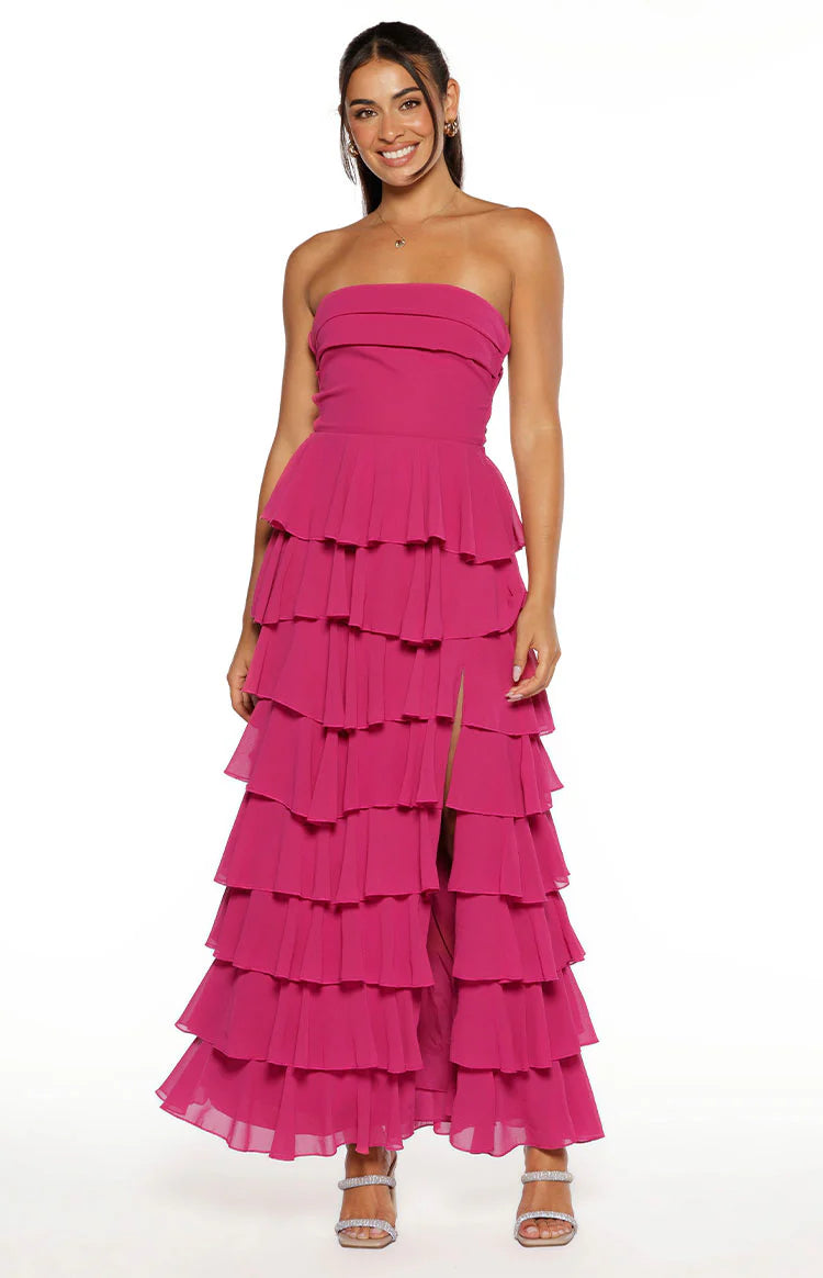 Kim Fuchsia Strapless Ruffle Maxi Dress - US 14 | Beginning Boutique exclusive Kim Fuchsia Strapless Ruffle Maxi Dress - US 14 | Beginning Boutique exclusive