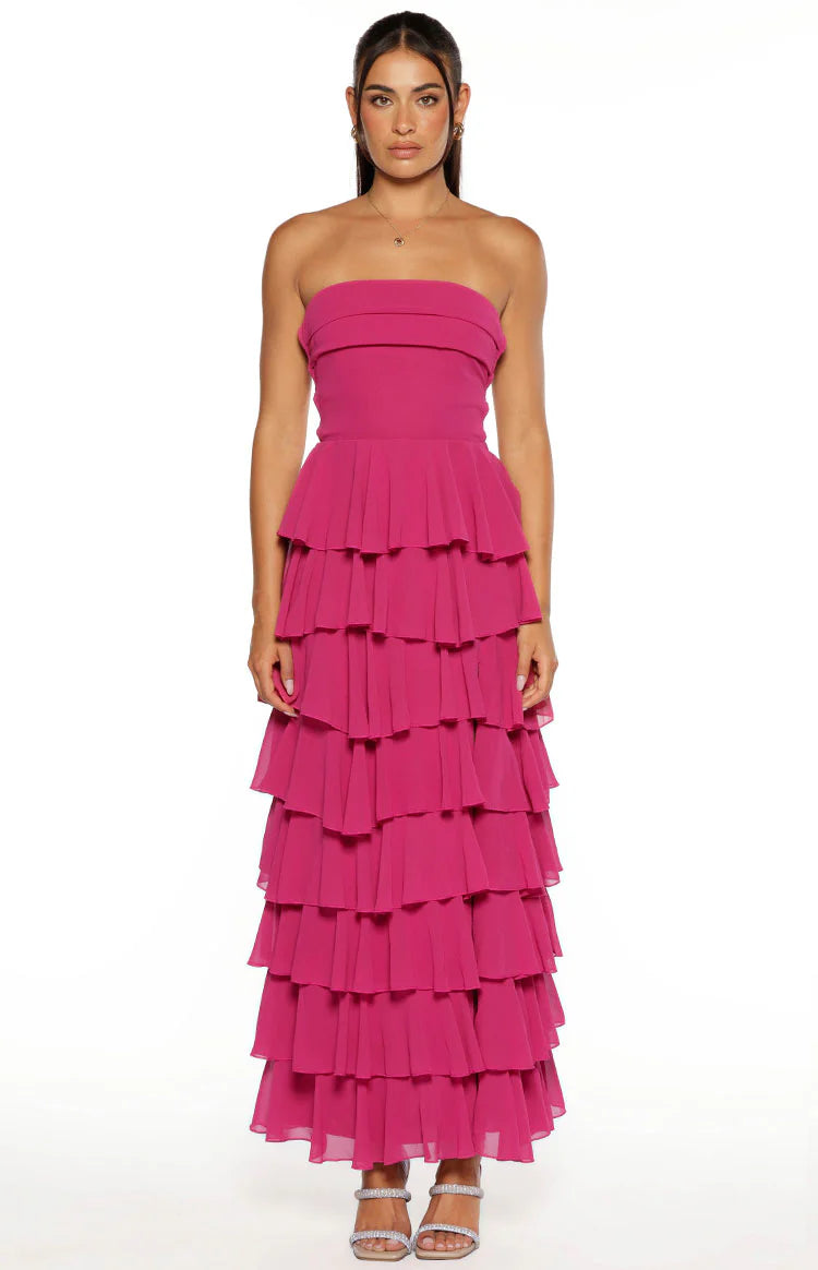 Kim Fuchsia Strapless Ruffle Maxi Dress - US 14 Kim Fuchsia Strapless Ruffle Maxi Dress - US 14