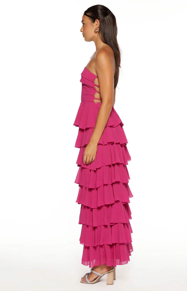 Kim Fuchsia Strapless Ruffle Maxi Dress