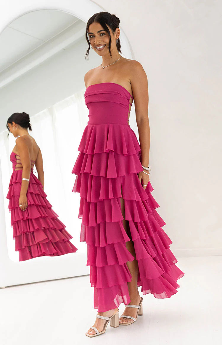Kim Fuchsia Strapless Ruffle Maxi Dress - US 14