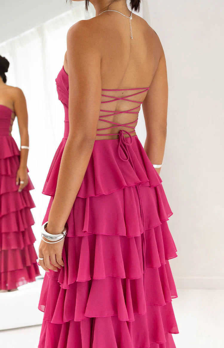 Kim Fuchsia Strapless Ruffle Maxi Dress - US 14 Kim Fuchsia Strapless Ruffle Maxi Dress - US 14