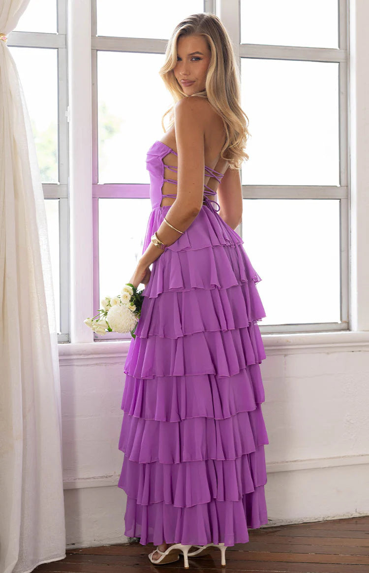 Kim Magenta Strapless Ruffle Prom Dress