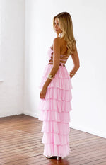Kim Pink Strapless Ruffle Maxi Dress