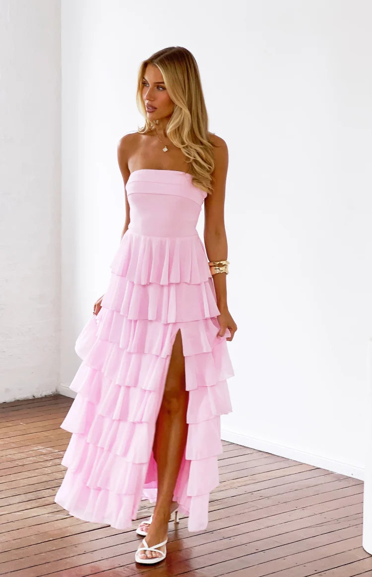 Kim Pink Strapless Ruffle Maxi Dress
