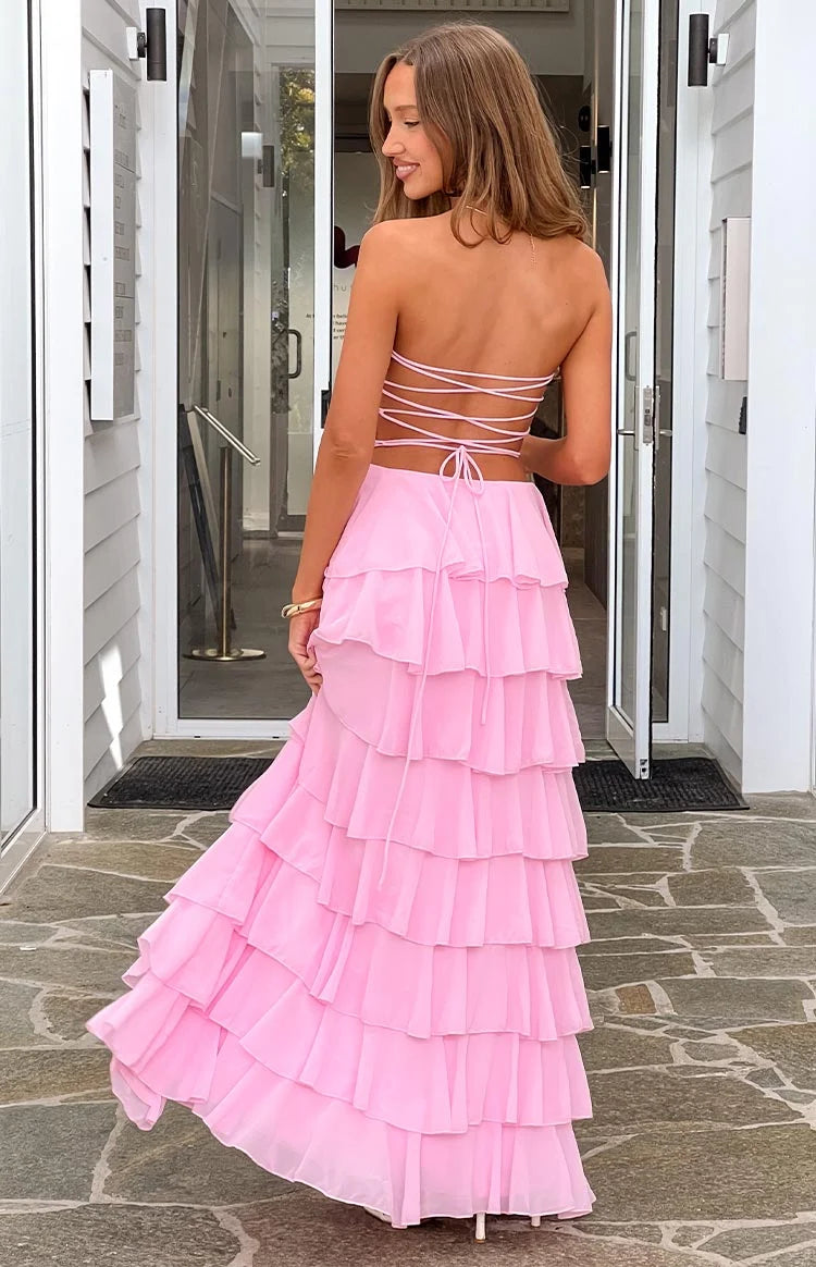 Kim Pink Strapless Ruffle Maxi Dress - US 14