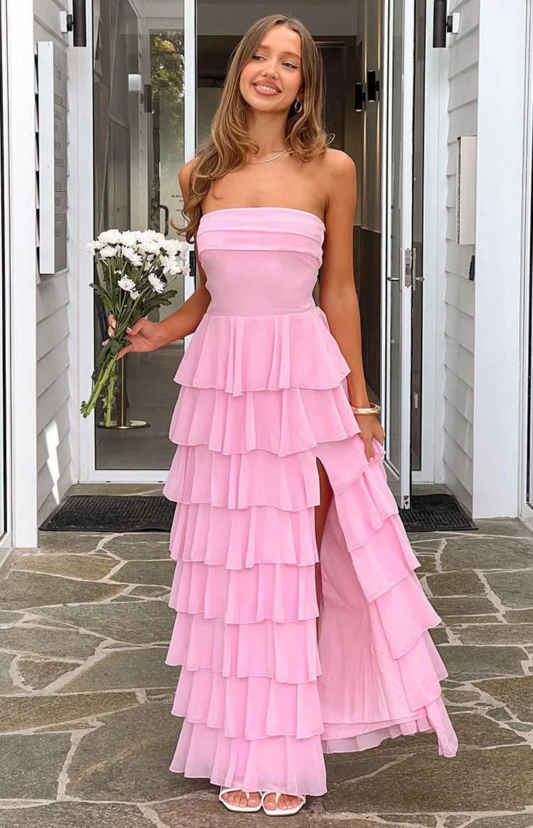 Kim Pink Strapless Ruffle Maxi Dress - US 14