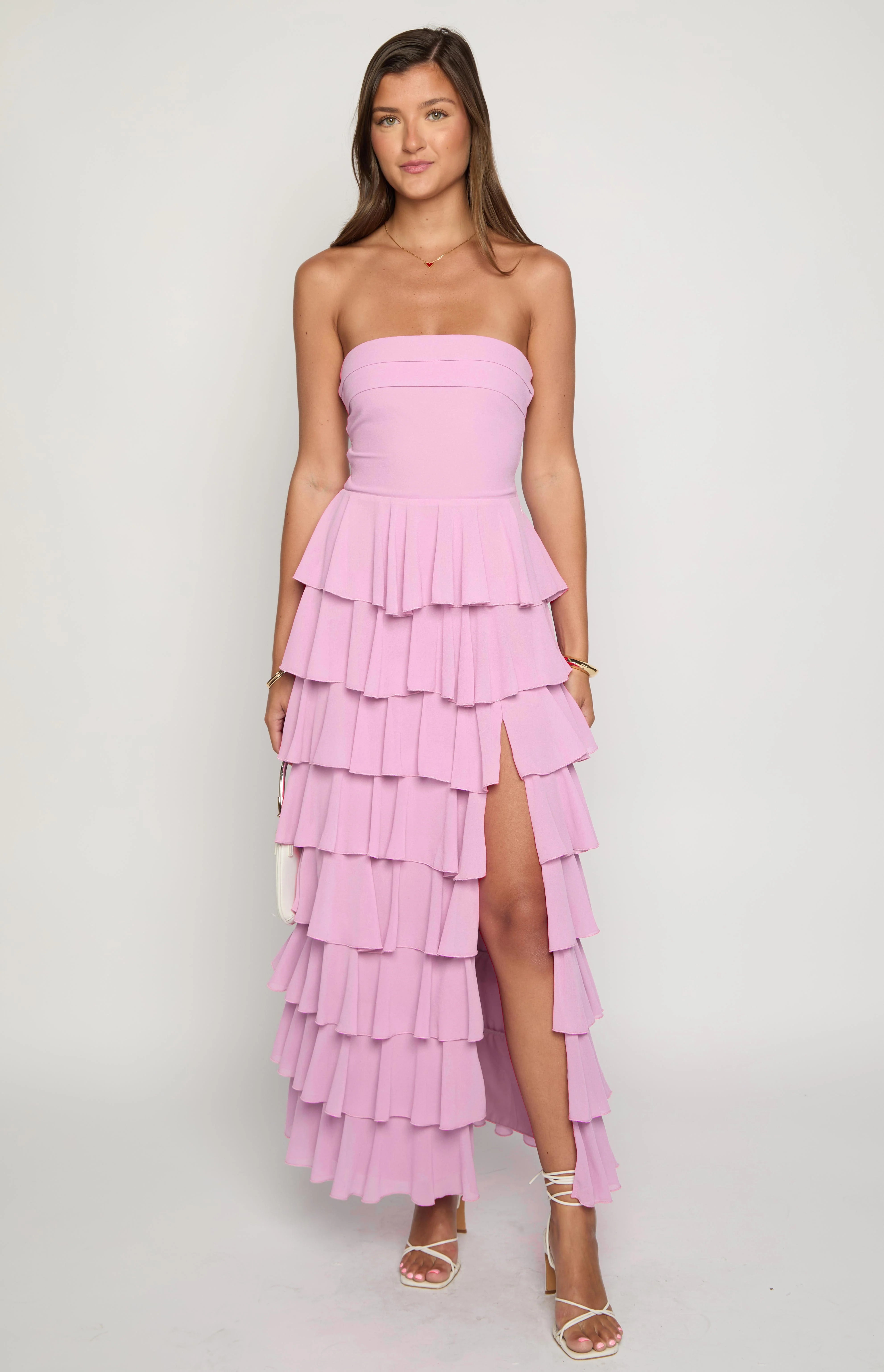 after hours blush pink strapless ruffled maxi dress Ruffle Slit Strapless Corset Maxi Dress in Pink