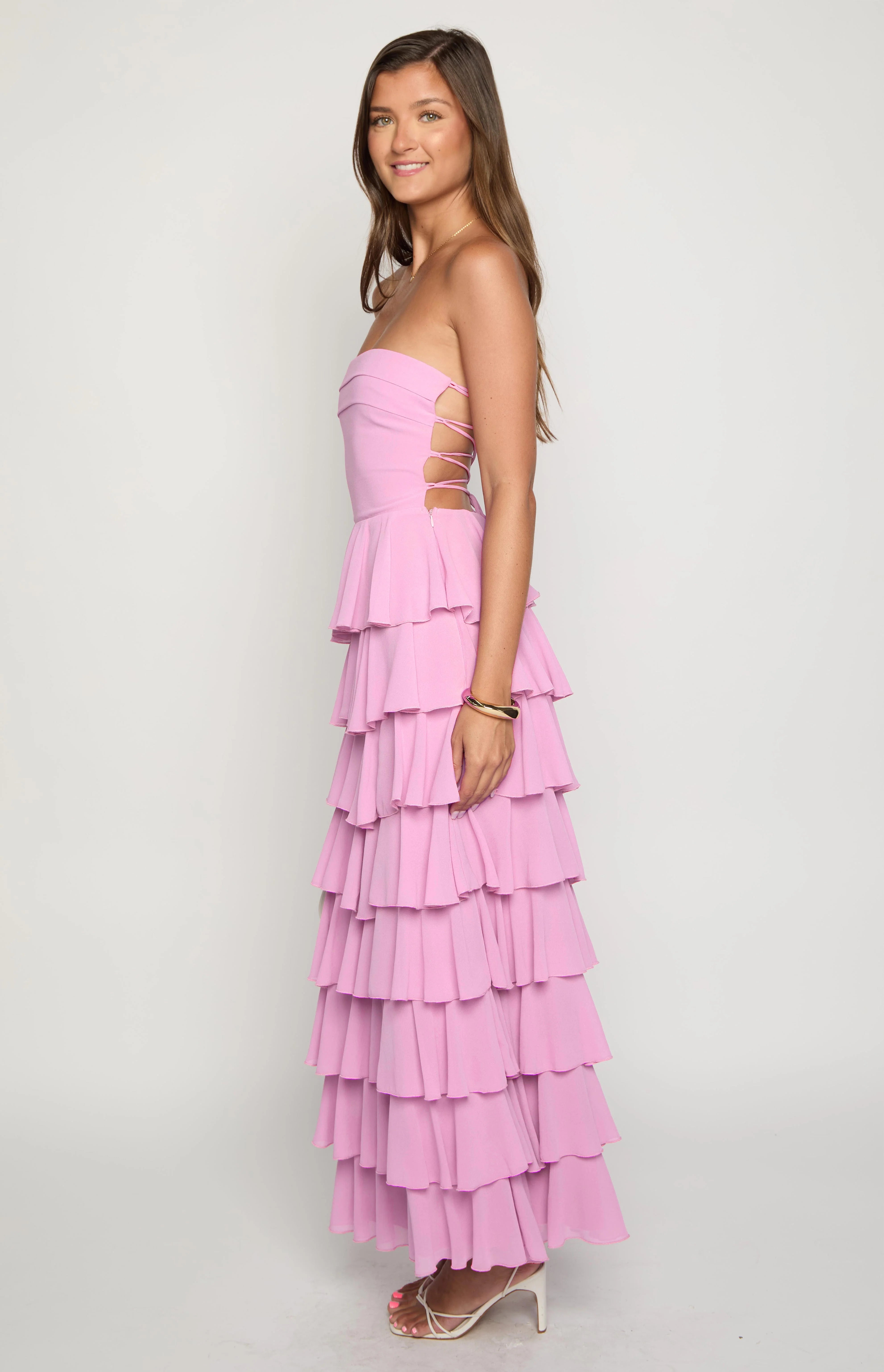 Kim Pink Strapless Ruffle Maxi Dress - 14 Kim Pink Strapless Ruffle Maxi Dress - 14