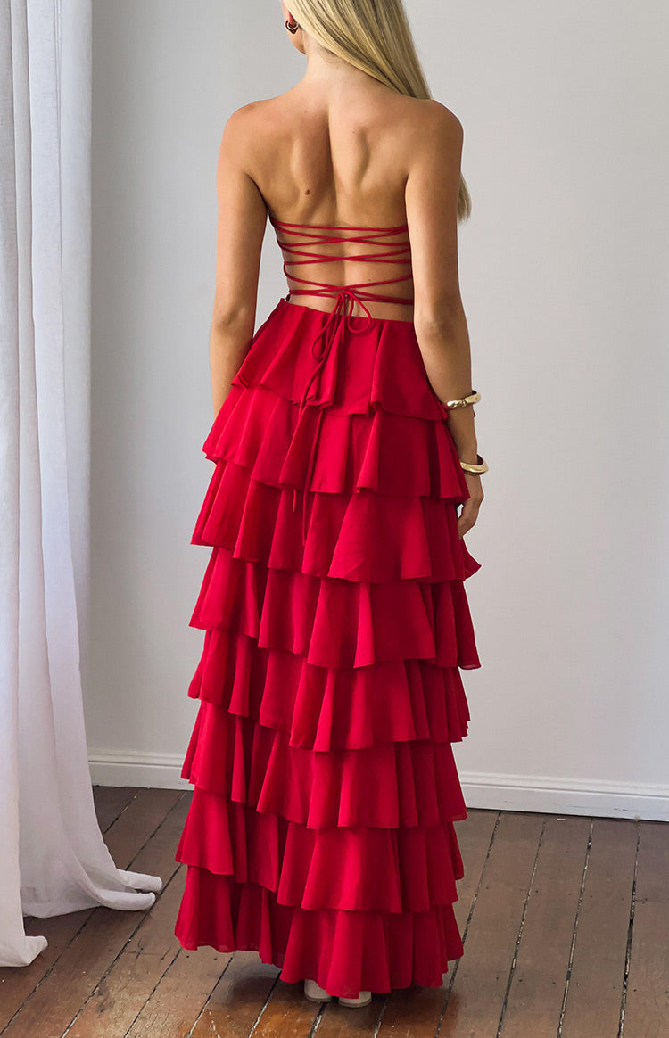 red strapless cotton dress Kim Ruffle Maxi Size:customise Backless Lace Beach Wedding Floral Photoshoot Dresses Mermaid or glamorous parties Styling