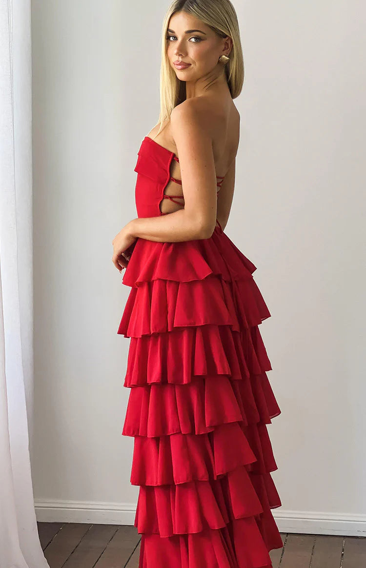 Kim Red Strapless Ruffle Maxi Dress - 8 | Beginning Boutique Exclusive Kim Red Strapless Ruffle Maxi Dress - 8 | Beginning Boutique Exclusive