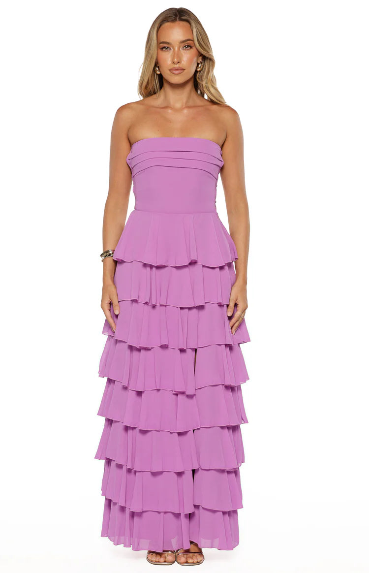 suede draped lace maxi dress in magenta Lucy in The Sky Suede Draped Lace Maxi Dress