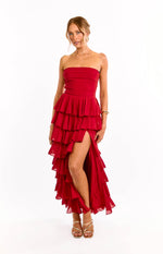 Kim Red Strapless Ruffle Maxi Dress Image