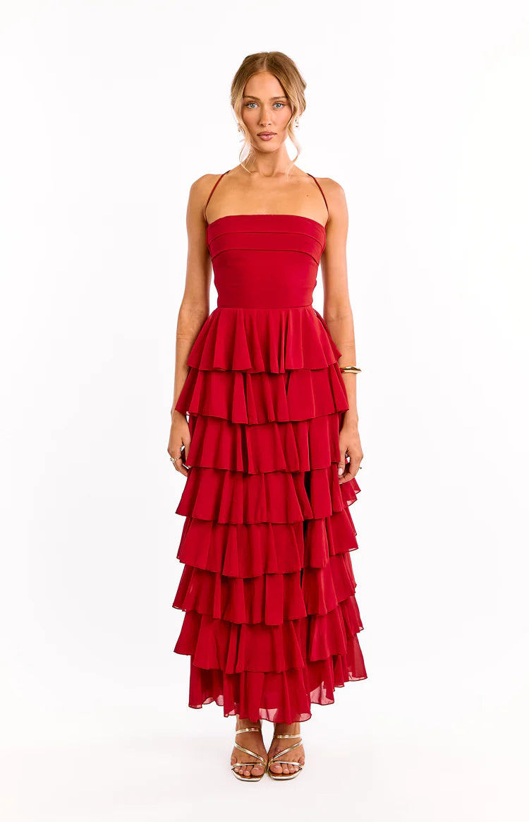 Kim Red Strapless Ruffle Maxi Dress