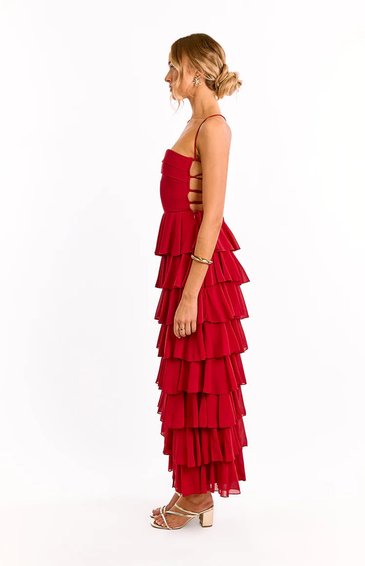 Kim Red Strapless Ruffle Maxi Dress | Beginning Boutique US Kim Red Strapless Ruffle Maxi Dress | Beginning Boutique US