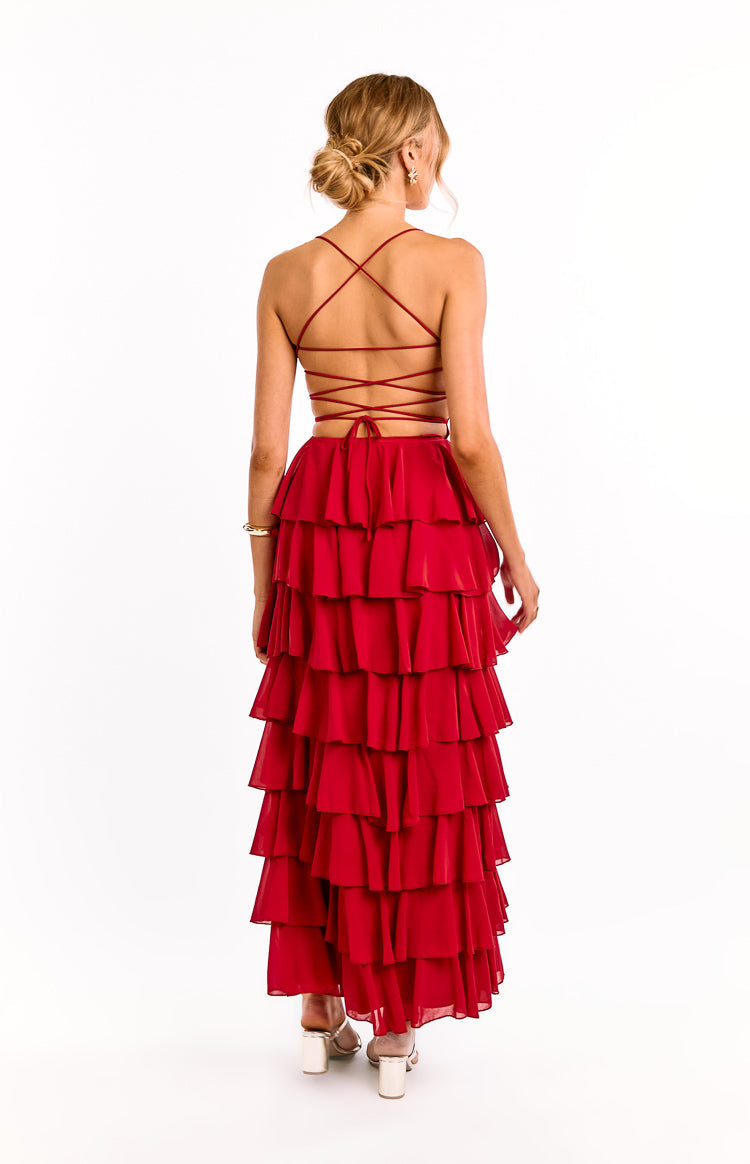 Kim Red Strapless Ruffle Maxi Dress Image