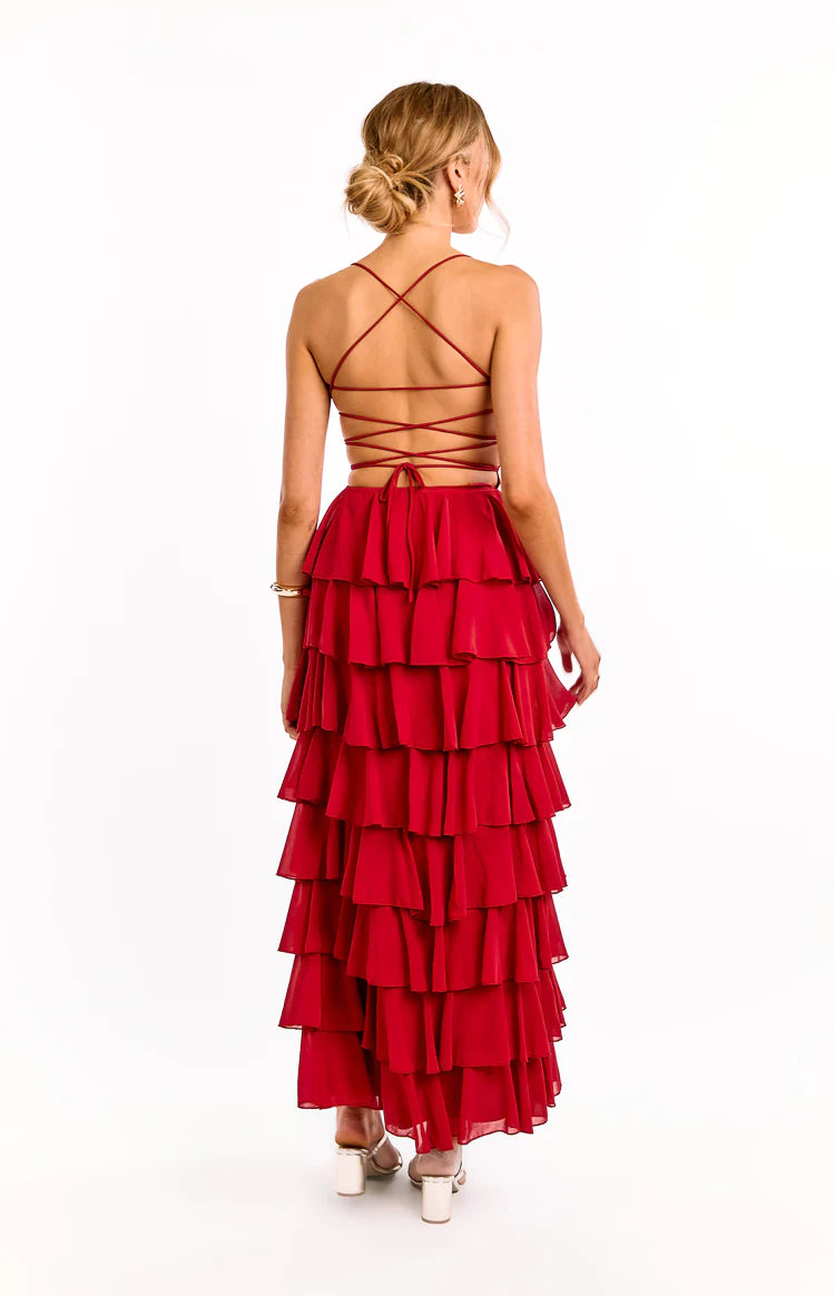 Kim Red Strapless Ruffle Maxi Dress - 8 | Beginning Boutique Exclusive Kim Red Strapless Ruffle Maxi Dress - 8 | Beginning Boutique Exclusive