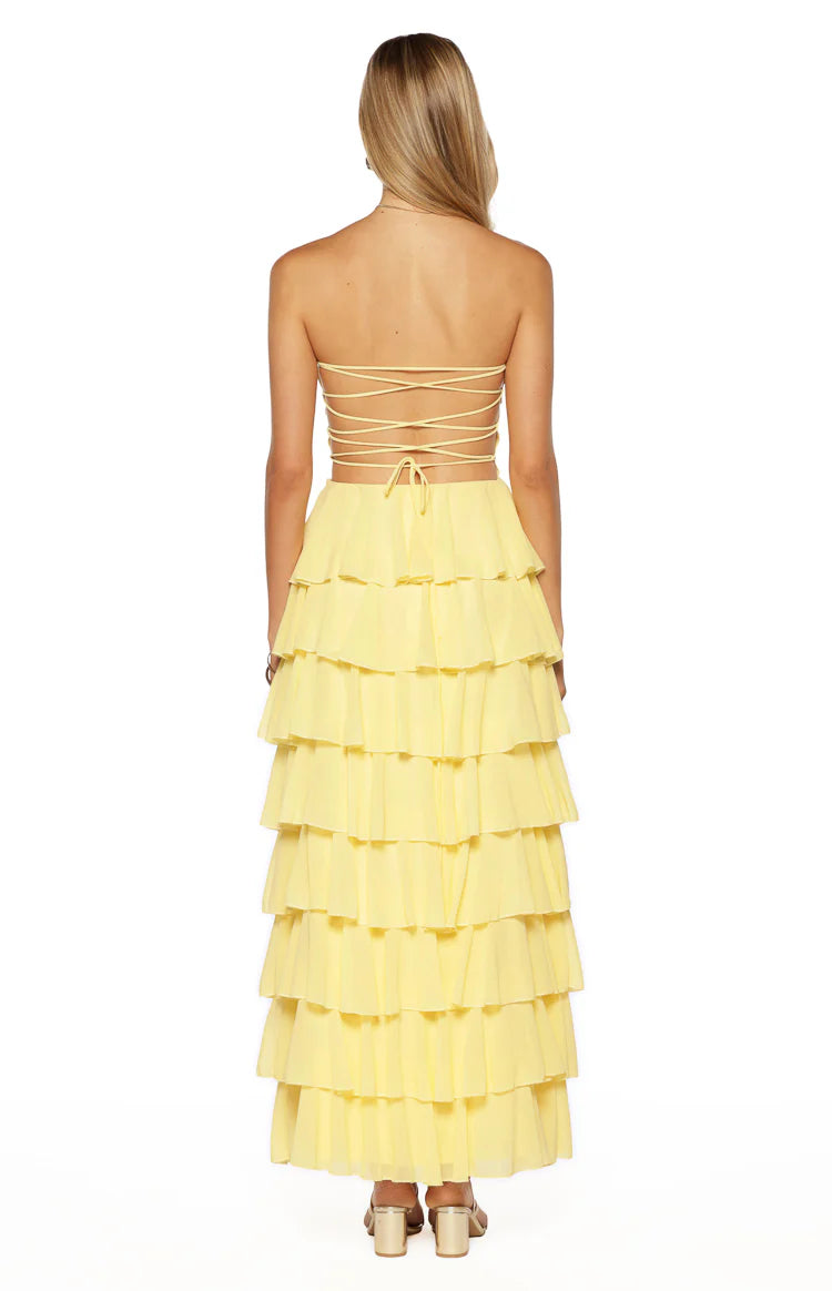 Kim Yellow Strapless Ruffle Maxi Dress