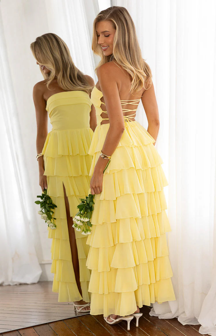 Kim Yellow Strapless Ruffle Maxi Dress - 4 Kim Yellow Strapless Ruffle Maxi Dress - 4
