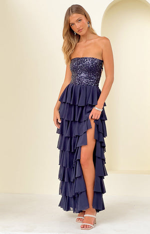 Beginning Boutique Kimberley Navy Strapless Ruffle Skirt Maxi Dress navy strapless sequin bodice maxi with tiered ruffles and high slit
