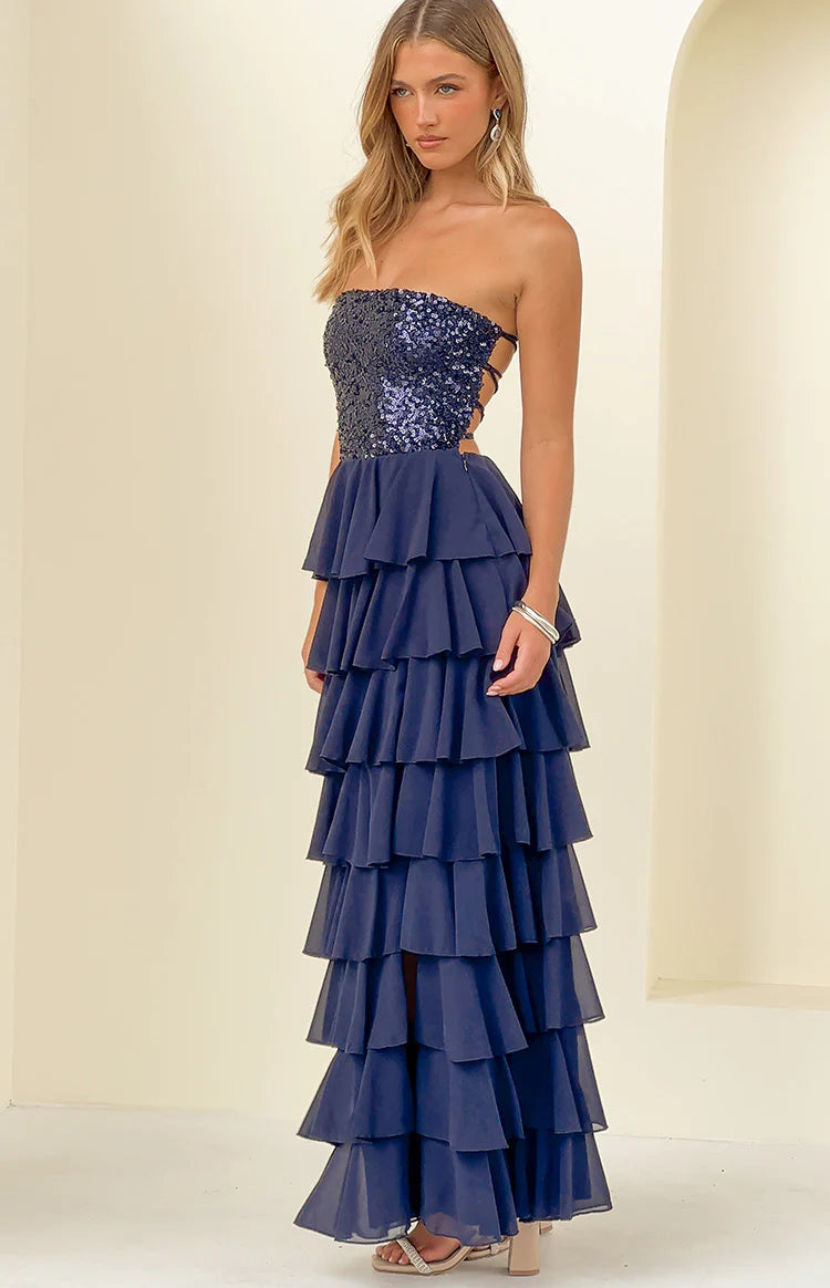 Kimberley Navy Sequin Strapless Ruffle Maxi Dress - US 10 Kimberley Navy Sequin Strapless Ruffle Maxi Dress - US 10