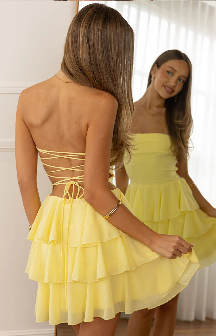 Kimmie Yellow Strapless Ruffle Mini Dress - US 8 | Beginning Boutique Exclusive Kimmie Yellow Strapless Ruffle Mini Dress - US 8 | Beginning Boutique Exclusive