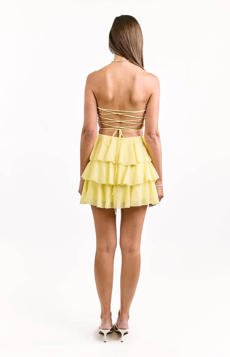 Kimmie Yellow Strapless Ruffle Mini Dress - US 8 | Beginning Boutique Exclusive Kimmie Yellow Strapless Ruffle Mini Dress - US 8 | Beginning Boutique Exclusive
